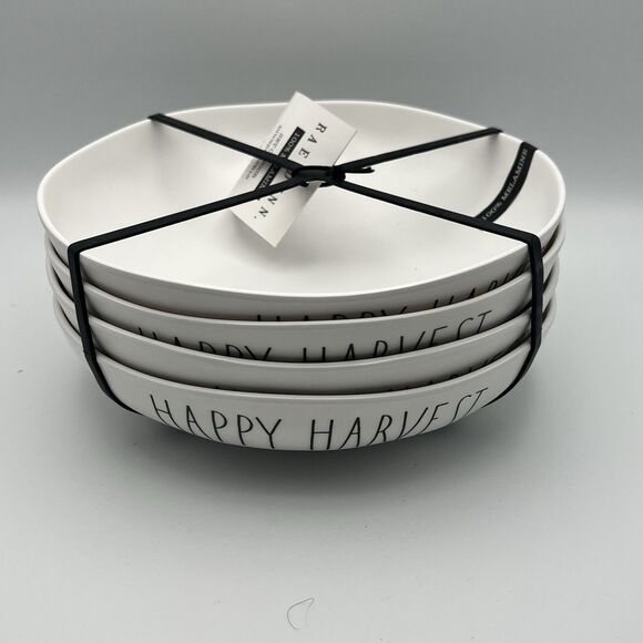 NEW Rae Dunn Set of 4 White w/Black "Happy Harvest" Melamine Dinner Bowls - Picture 3 of 7